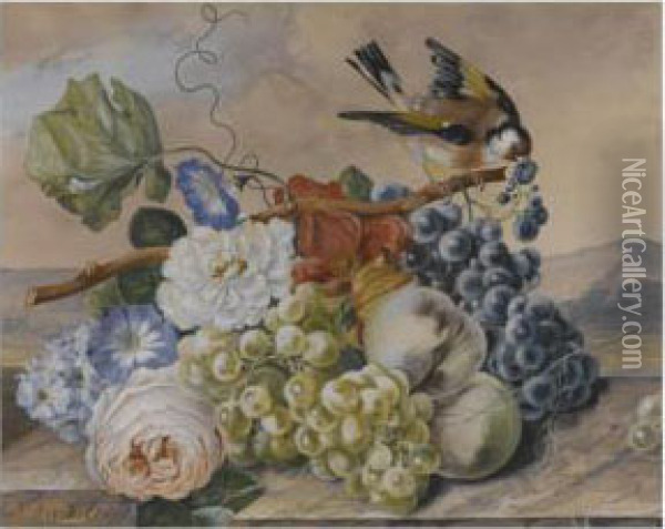 Still Life With Goldfinch Oil Painting - Johann Baptist Drechsler