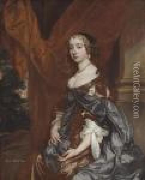 Portrait Of Lady Mary Fane, 
Seated Three-quarter-length, In A Browndress And Blue Robe, A Red 
Curtain Behind Her, A Landscapebeyond Oil Painting - Sir Peter Lely