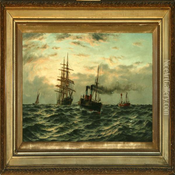 The Steamer Pathfinder Pulling A Full-rigger Oil Painting - Parker Greenwood