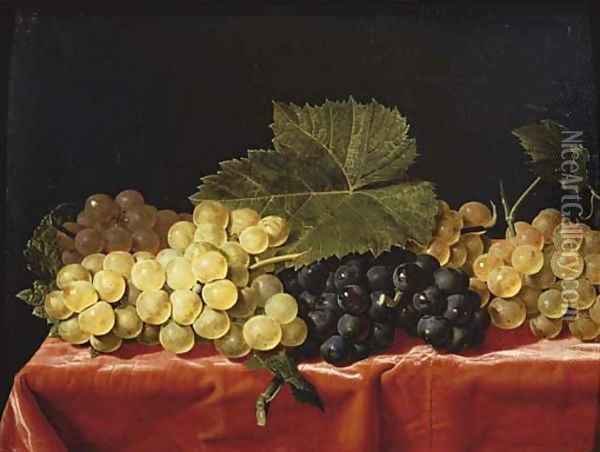 Red and white grapes on a draped table Oil Painting - Paul Liegeois