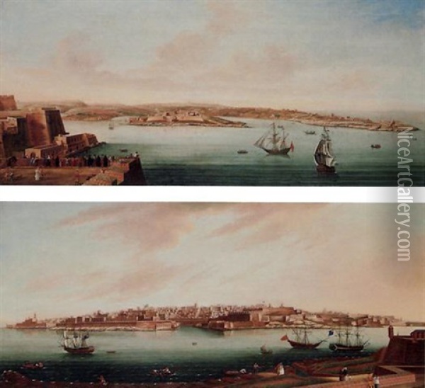 View Of Valetta From Marsamxett Harbour Taken From Fort Manoel Oil Painting - Alberto Pullicino