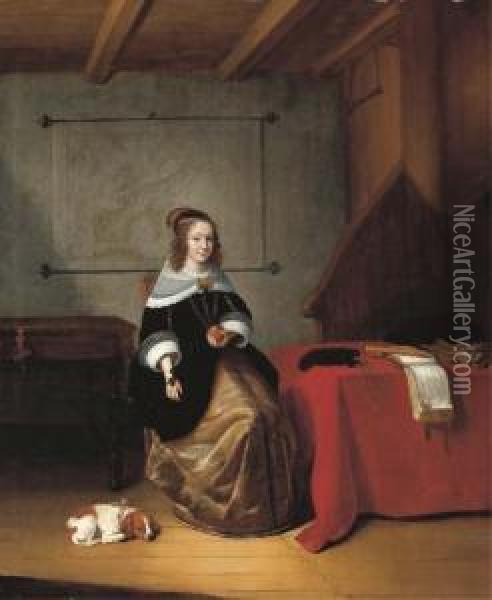 An Interior With A Woman Seated 
Holding An Orange By A Drapedtable, A Dog At Her Side, A Map Of Europe 
And A Spinet Behind Oil Painting - Quiringh Gerritsz. van Brekelenkam
