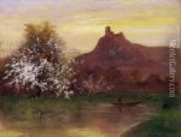 Blossoming Lakeside With A Castle In The Background Oil Painting - Lazlo Kezdy Kovacs