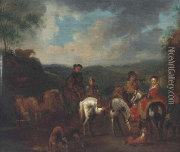 A Hawking Party Halted In A Landscape Oil Painting - Pieter Wouwermans or Wouwerman