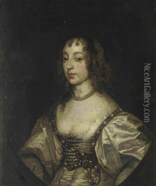 Portrait Of Queen Henrietta 
Maria (1609- 1669),three-quarter-length, In A Green Dress, Wearing A 
Pearl Necklace,feigned Oval Oil Painting - Sir Anthony Van Dyck