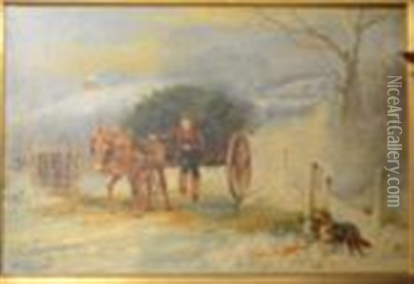 Boy With A Donkey Cart In A Winter Landscape Oil Painting - Wilson Hepple