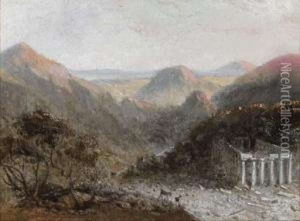 A Ruined Temple In An Italianate Landscape Oil Painting - William Linton