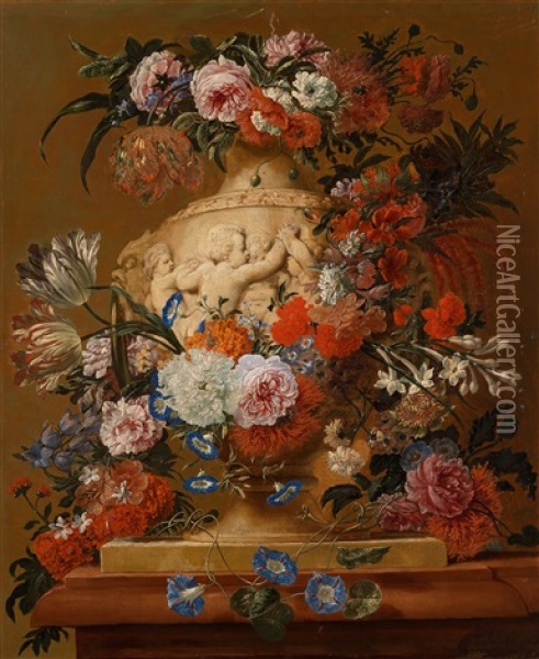 Blumenstillleben In Skulptierten Steinvasen (pair) Oil Painting - Jan-Baptiste Bosschaert