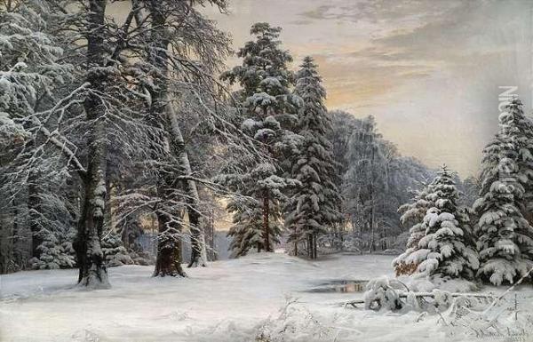 Wintrylandscape At Early Morning. Oil Painting - Anders Anderson-Lundby