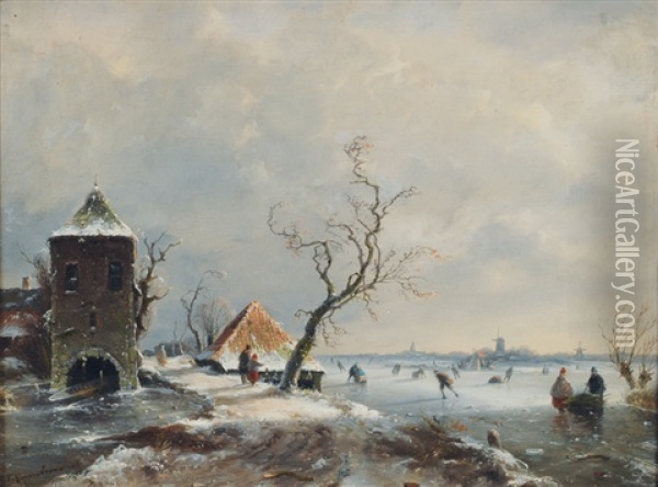 Dutch Landscape In Winter Oil Painting - Johannes Franciscus Hoppenbrouwers