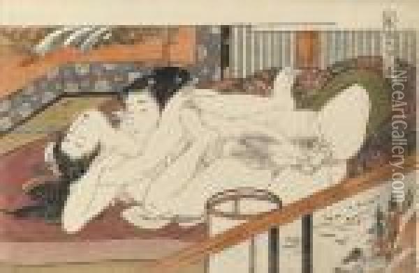 An Oban Print Showing A Young 
Man Penetrating His Ecstatic Partner On A Futon, From The Series Shikido
 Torikumi Juniban (twelve Holds Of Love), Fine Impression, Colour And 
Condition Oil Painting - Isoda Koryusai