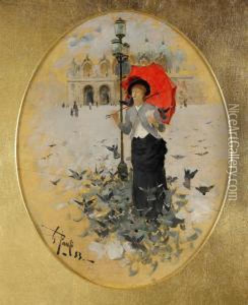 Kvinna Med Duvor - Motiv Fran Marcusplatsen, Venedig Oil Painting - Georg Pauli