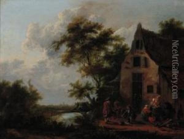 A River Landscape With Figures Before A Cottage With A Man Buyingfish Oil Painting - Jan Snellinck