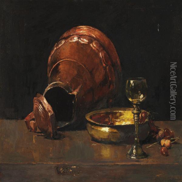 Still Life With Copper Utensils And Wine Glass On A Table Oil Painting - Emil Carlsen