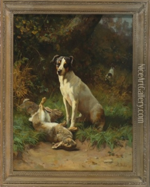 Untitled, Terrier With Dead Hares Oil Painting - Alfred Duke