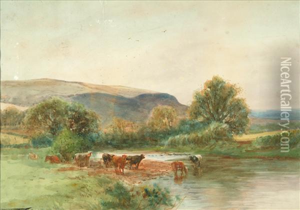 Cattle Watering In A Landscape Oil Painting - Henry Charles Fox