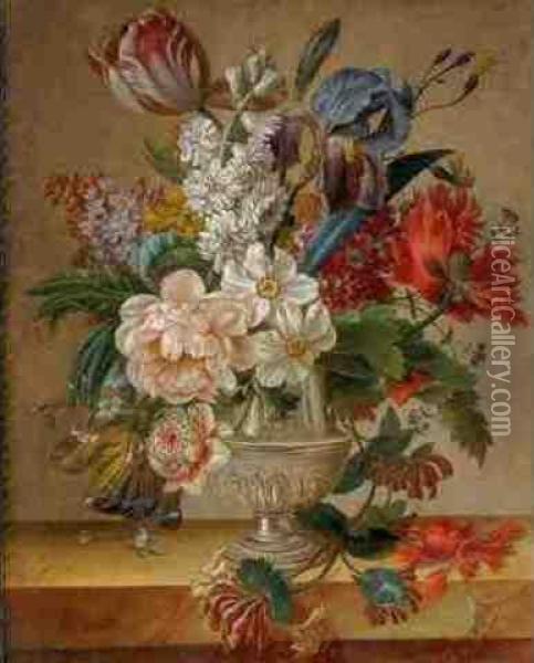 Still Life Of Flowers In A Vase Resting On A Marble Ledge Oil Painting - Francois Nicolas Laurent