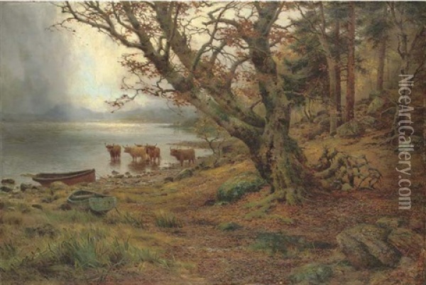 Highland Cattle By A Lake Oil Painting - Louis Bosworth Hurt