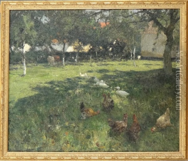 Canards Et Poules Dans Une Prairie Oil Painting - Evariste Carpentier