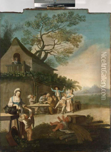 A Merry Company Drinking Outside An Inn, A Woman Feeding Grapes To Children In The Foreground Oil Painting - Andreas Grendel