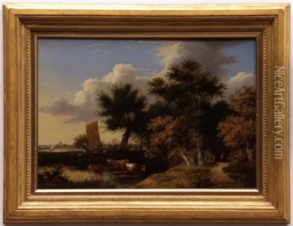 Cattle In River Landscape With Distant Boats Oil Painting - Samuel David Colkett