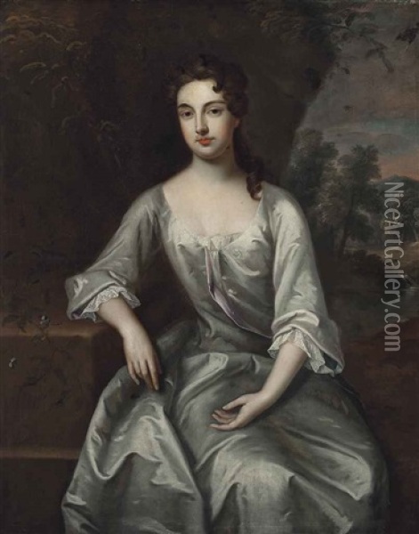 Portrait Of A Lady, Traditionally Identified As Lady Margaret Hastings, Three-quarter-length, In A Lace-trimmed Oyster Satin Dress, Seated In A Landscape Oil Painting - Enoch Seeman
