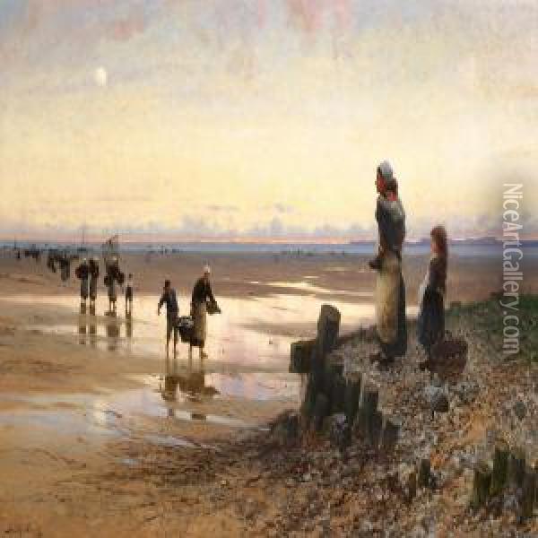Early Morning With Shellfish Collectors On A Beach In Brittany Oil Painting - Frithjof Smith-Hald