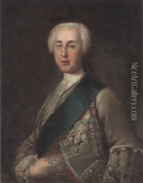 Portrait Of Charles Stuart, The Young Pretender, Wearing A Blue Sash Oil Painting - Antoine Pesne