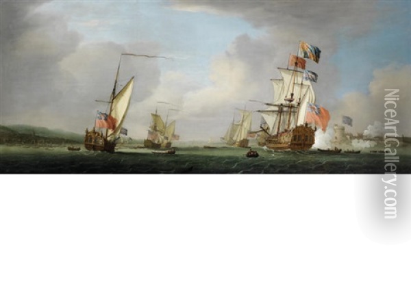 The Royal Yacht Peregrine And Her Escorts Off Gillingham, Kent, Acknowledging A Salute As She Passes Upnor Castle Oil Painting - Peter Monamy