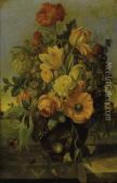 Elaborate Floral Bouquet On A Marble Ledge With A Landscape Beyond Oil Painting - Franz Xaver Petter
