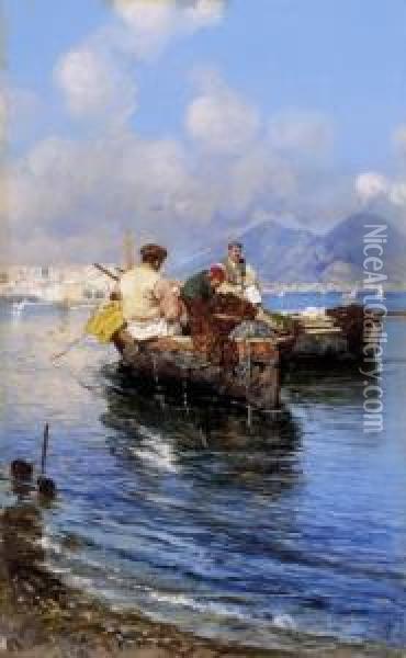 Fishermen In The Naples Bay With The Vesuv In The Background Oil Painting - Giuseppe Giardiello