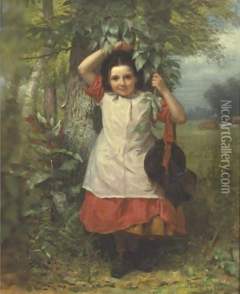 Little Girl In A Red Dress And White Pinafore Oil Painting - John George Brown