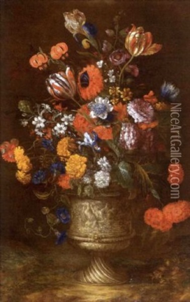 Nature Morte Aux Fleurs Dans Un Vase Orne De Bas-relief Oil Painting - Bartolome Perez