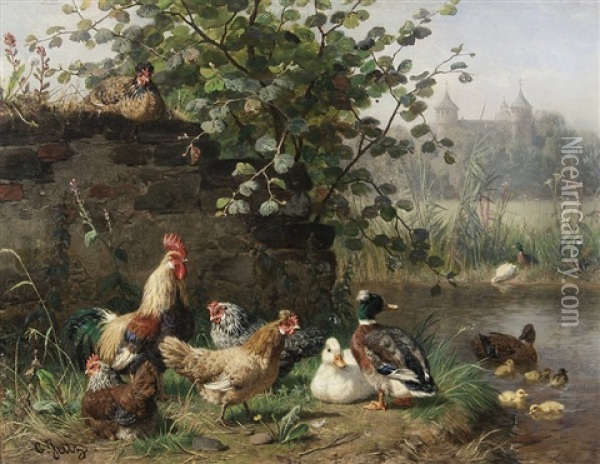 Poultry Near The Castle Oil Painting - Carl Jutz the Elder