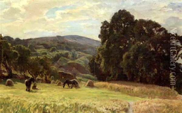 Graessende Heste Oil Painting - Viggo Pedersen