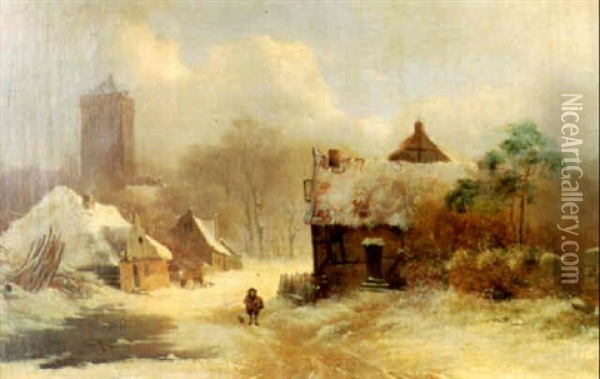 A Village Scene In Winter Oil Painting - Andreas Schelfhout