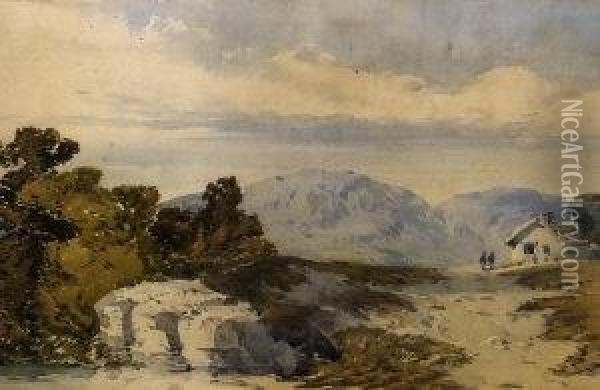 Mountainous Landscape With Figures Walking By A White Cottage Oil Painting - William Callow