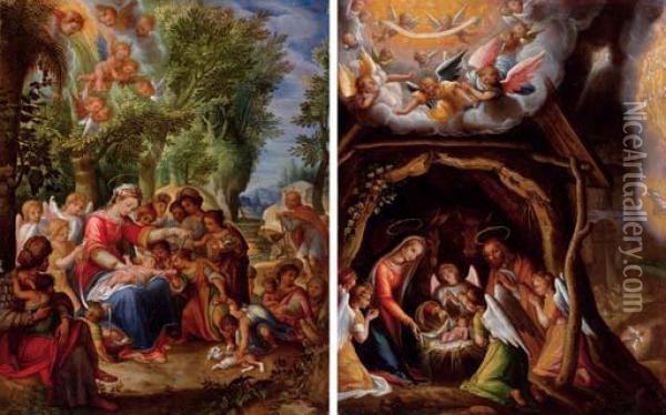 The Virgin Swaddling The Infant Jesus; And The Nativity Oil Painting - Pietro De Lignis