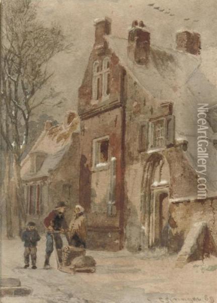 Figures On A Snow-covered Street, Hasselt Oil Painting - Cornelis Springer