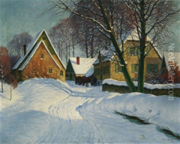 Winter Im Dorf, Auf Der Strase Ein Pferdefuhrwerk Oil Painting - Franz Hecker