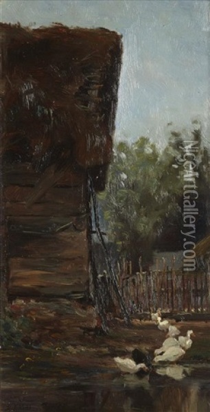 Ducks By A Farm Pond; A Country Path (2 Works) Oil Painting - Alexander Kellock Brown
