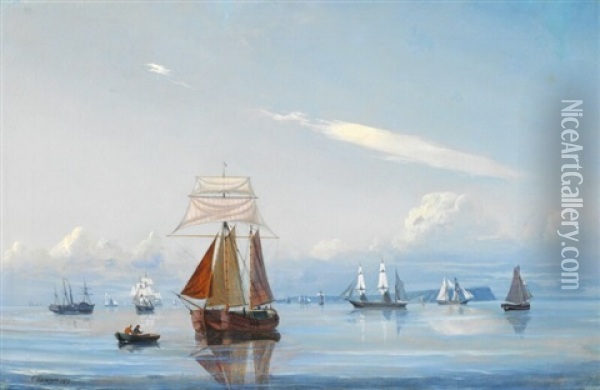 Quiet Afternoon With Sailing Boats On Oresund, In The Background The Island Of Hveen Oil Painting - Carl Emil Baagoe