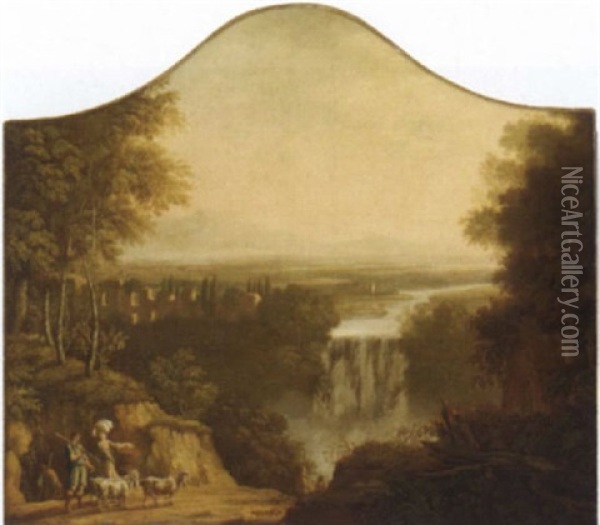An Extensive Landscape With A Waterfall, Ruins And A Shepherd And Shepherdess On A Track Oil Painting - Claude Lorrain