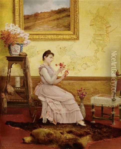 Interieur Mit Einer Dame Und Blumen Oil Painting - Georges Croegaert