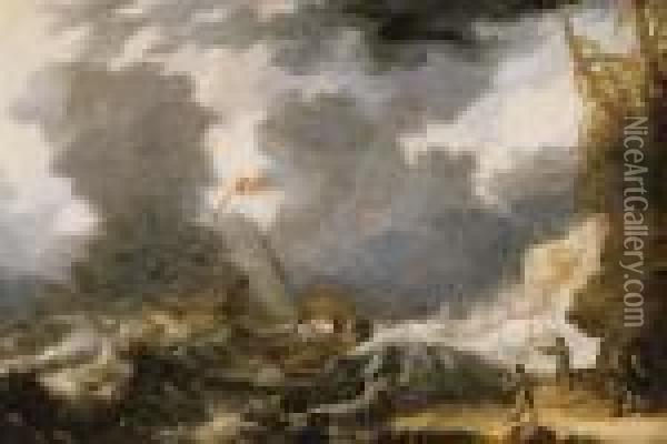 Ships Foundering Off A Rocky Coast Oil Painting - Bonaventura, the Elder Peeters