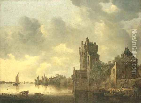 A river landscape with cows watering by a fortified tower Oil Painting - Jan van Goyen