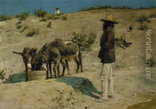Tending The Burros Oil Painting - Gilbert Gaul