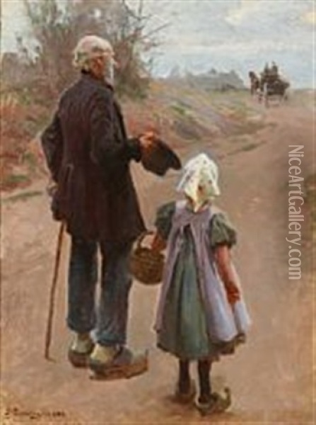 A Little Girl And Her Grandfather Watching The Stage Coach In The Distance Oil Painting - Erik Ludwig Henningsen