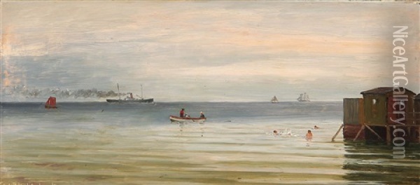 Scene From Helgoland With Swimmers, In The Background Sailing Ships Oil Painting - Christian Blache