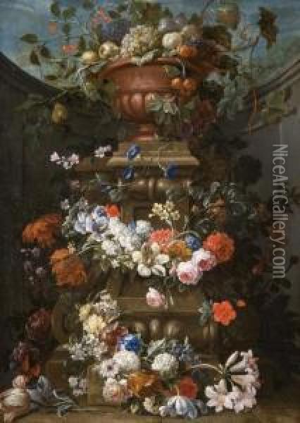 Guirlandes De Fleurs Entourant Un Socle Et Un Vase Defruits Oil Painting - Caspar Pieter I Verbrugghen